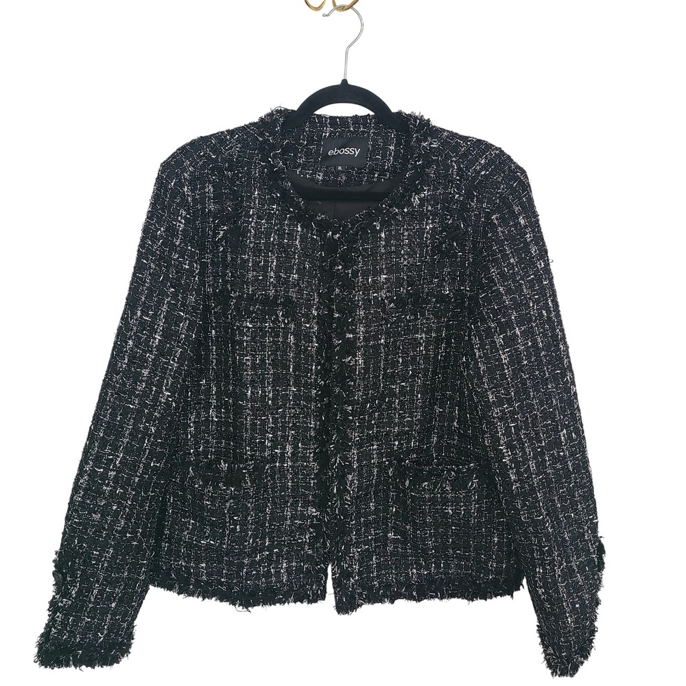 Ebossy Black White Tweed Frayed Trim Jacket Blazer XL Lady Jacket